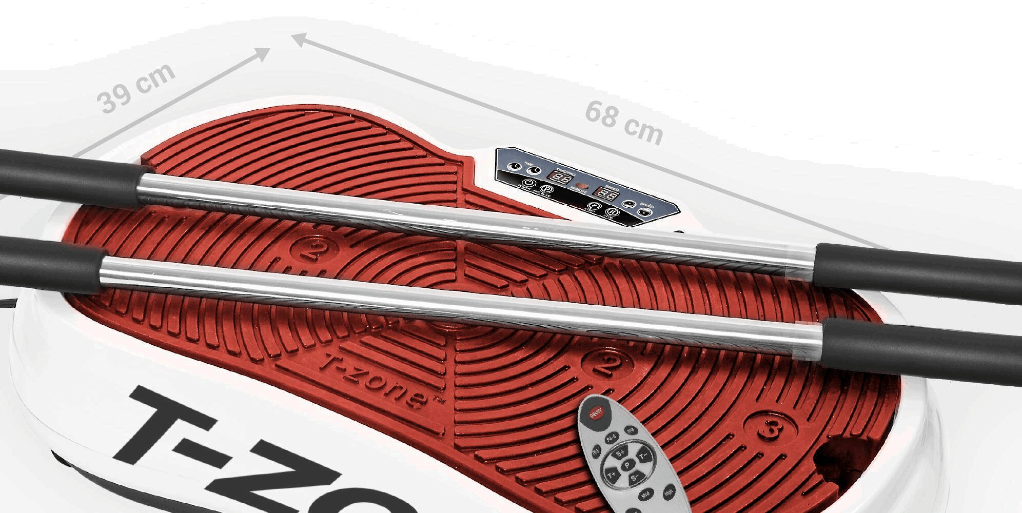 T-Zone HE-90 Vibration Plate Exercise Machine with accessories including balance poles and mats, showcasing its compact design and user-friendly interface.